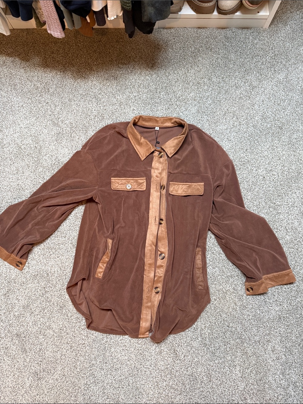 Ladies Brown Contrast-Trim Button Front shacket Jacket